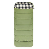 Green sleeping bag with plaid lining on a white background, featuring the Whiteduck brand.